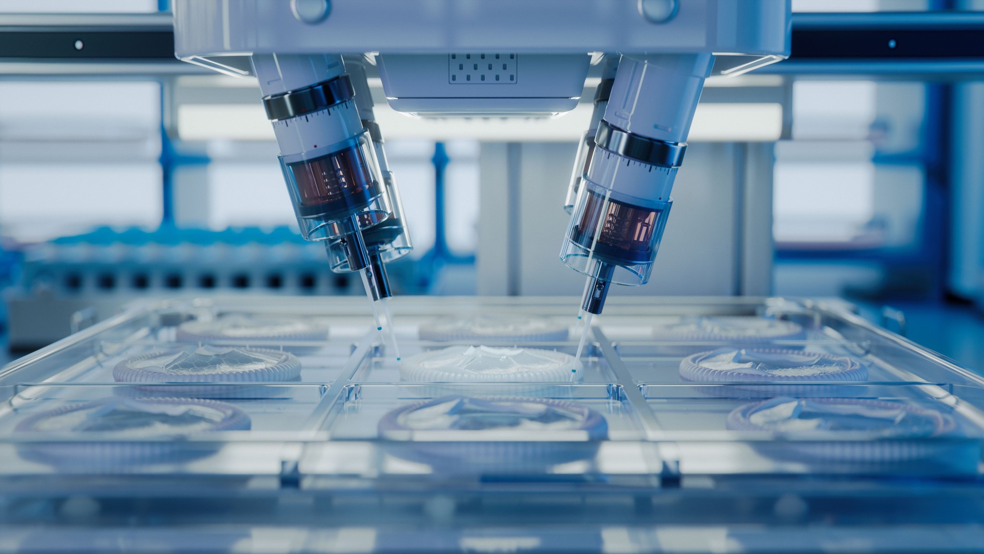 Bioprinting Technology Concept. Advanced Medical Printer Producing Artificial Heart Valves with Biopolymers. Futuristic Laboratory.